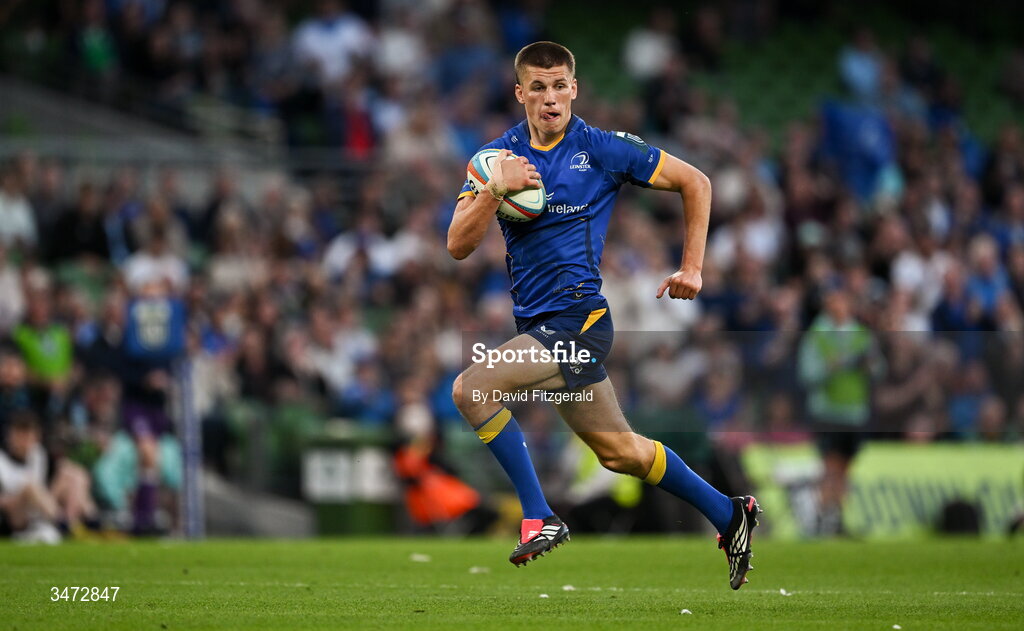 30 May 2026; Sam Prendergast of Leinster on his way to scoring his side's fifth try during the United Rugby Championship quarter-final match between Leinster and Lions at the Aviva Stadium in Dublin. Photo by David Fitzgerald/Sportsfile
