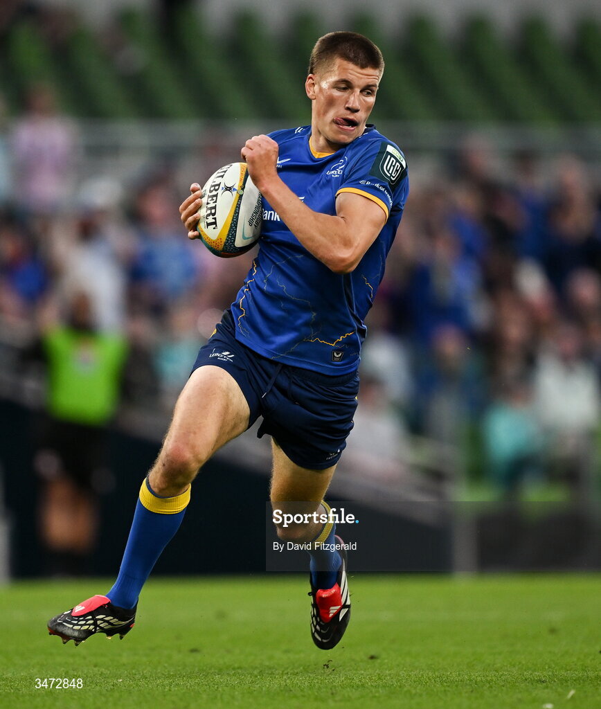 30 May 2026; Sam Prendergast of Leinster on his way to scoring his side's fifth try during the United Rugby Championship quarter-final match between Leinster and Lions at the Aviva Stadium in Dublin. Photo by David Fitzgerald/Sportsfile