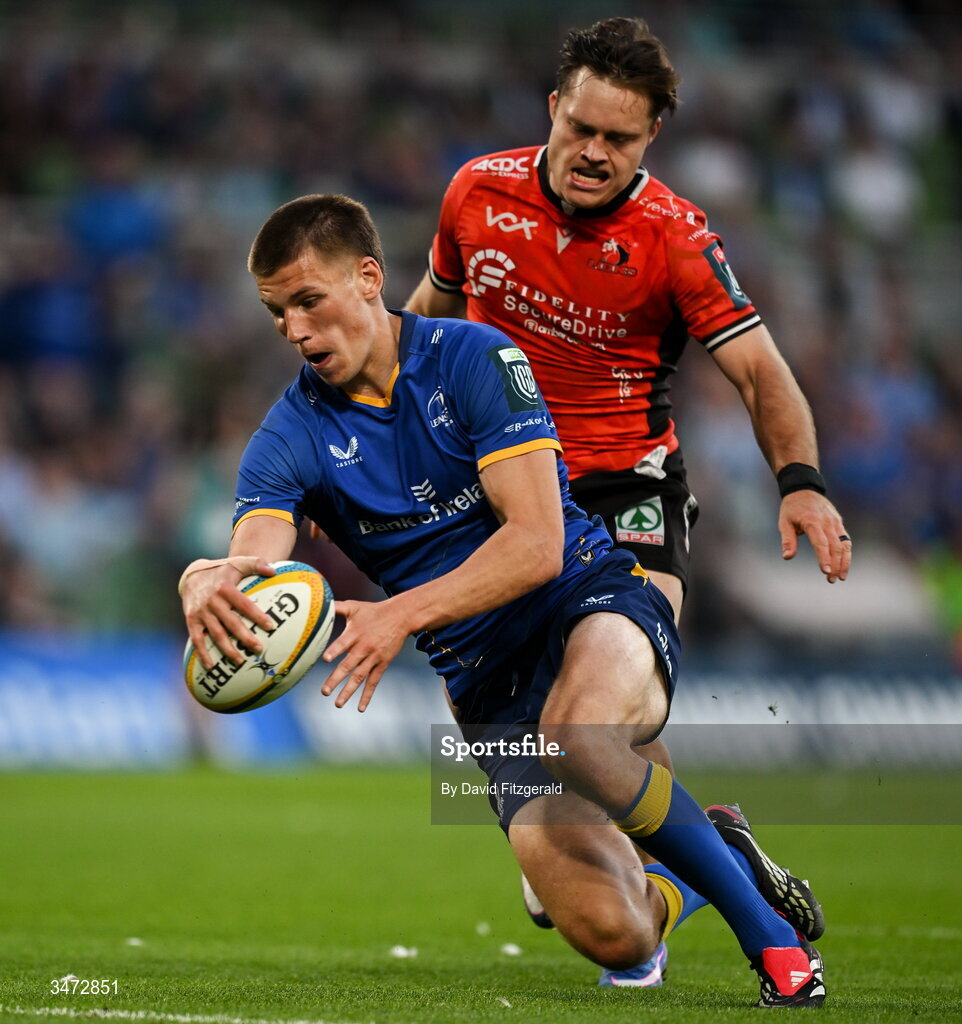 30 May 2026; Sam Prendergast of Leinster dives over to score his side's fifth try during the United Rugby Championship quarter-final match between Leinster and Lions at the Aviva Stadium in Dublin. Photo by David Fitzgerald/Sportsfile