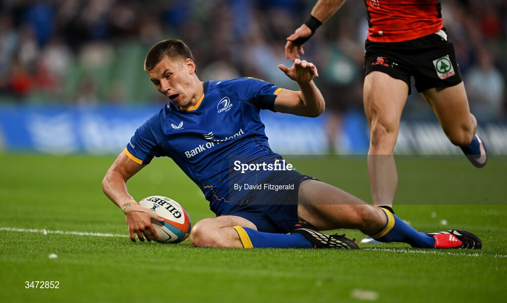 30 May 2026; Sam Prendergast of Leinster dives over to score his side's fifth try during the United Rugby Championship quarter-final match between Leinster and Lions at the Aviva Stadium in Dublin. Photo by David Fitzgerald/Sportsfile