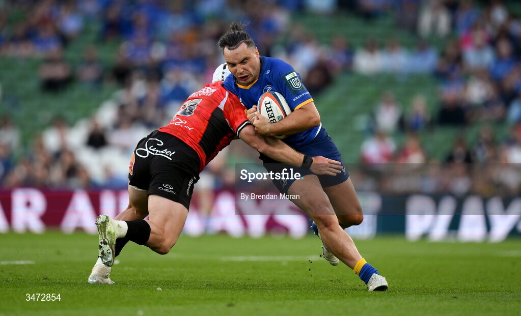 30 May 2026; James Lowe of Leinster is tackled by Henco van Wyk of Lions during the United Rugby Championship quarter-final match between Leinster and Lions at the Aviva Stadium in Dublin. Photo by Brendan Moran/Sportsfile