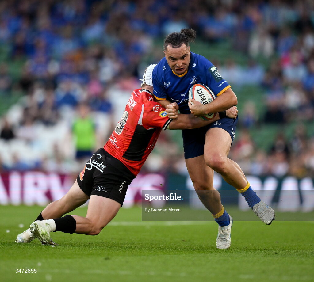 30 May 2026; James Lowe of Leinster is tackled by Henco van Wyk of Lions during the United Rugby Championship quarter-final match between Leinster and Lions at the Aviva Stadium in Dublin. Photo by Brendan Moran/Sportsfile