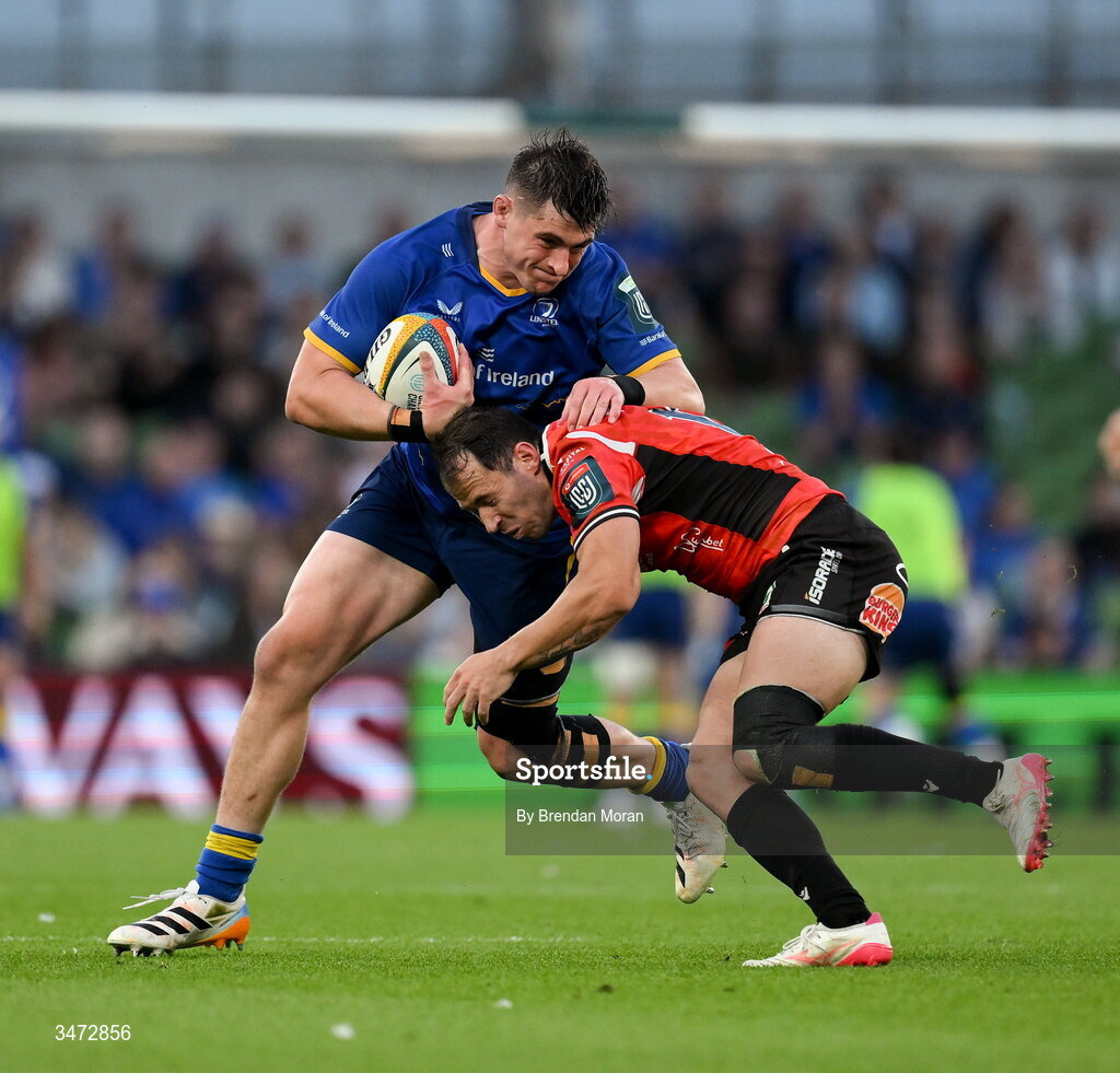 30 May 2026; Dan Sheehan of Leinster is tackled by Erich Cronje of Lions during the United Rugby Championship quarter-final match between Leinster and Lions at the Aviva Stadium in Dublin. Photo by Brendan Moran/Sportsfile