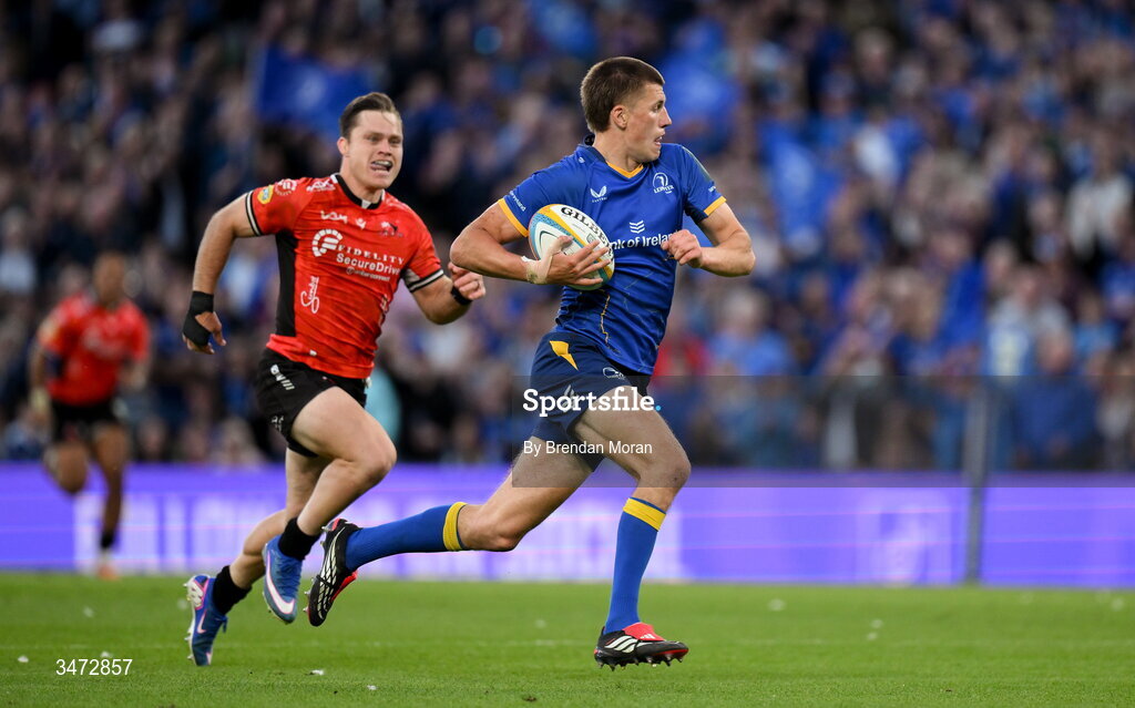 30 May 2026; Sam Prendergast of Leinster on his way to scoring his side's fifth try during the United Rugby Championship quarter-final match between Leinster and Lions at the Aviva Stadium in Dublin. Photo by Brendan Moran/Sportsfile