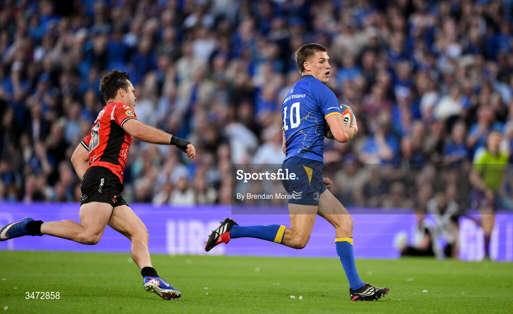 30 May 2026; Sam Prendergast of Leinster on his way to scoring his side's fifth try during the United Rugby Championship quarter-final match between Leinster and Lions at the Aviva Stadium in Dublin. Photo by Brendan Moran/Sportsfile