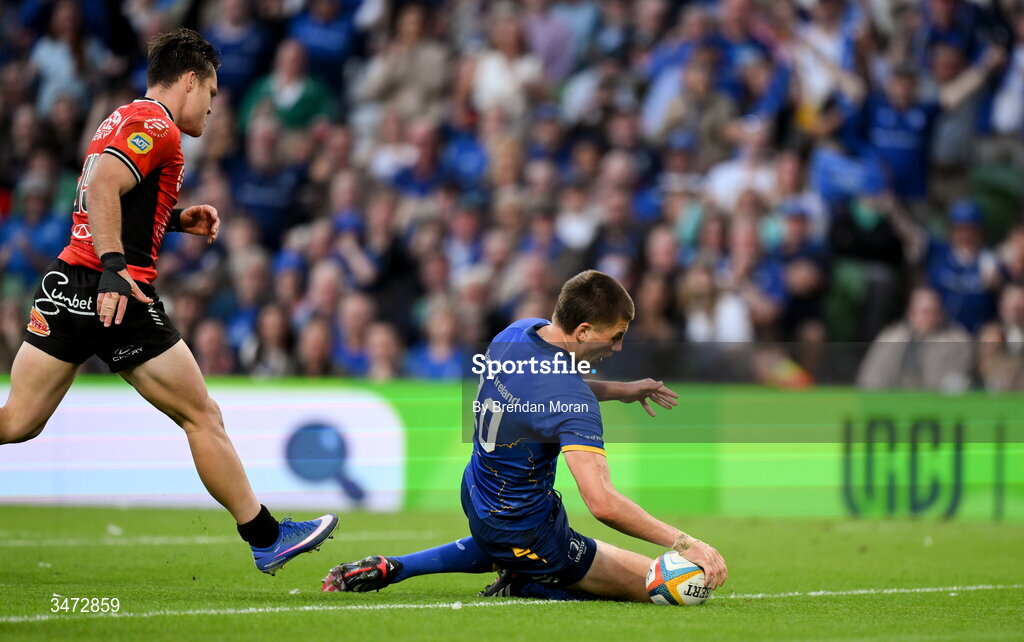 30 May 2026; Sam Prendergast of Leinster dives over to score his side's fifth try during the United Rugby Championship quarter-final match between Leinster and Lions at the Aviva Stadium in Dublin. Photo by Brendan Moran/Sportsfile