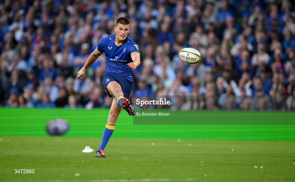 30 May 2026; Sam Prendergast of Leinster kicks a conversion during the United Rugby Championship quarter-final match between Leinster and Lions at the Aviva Stadium in Dublin. Photo by Brendan Moran/Sportsfile