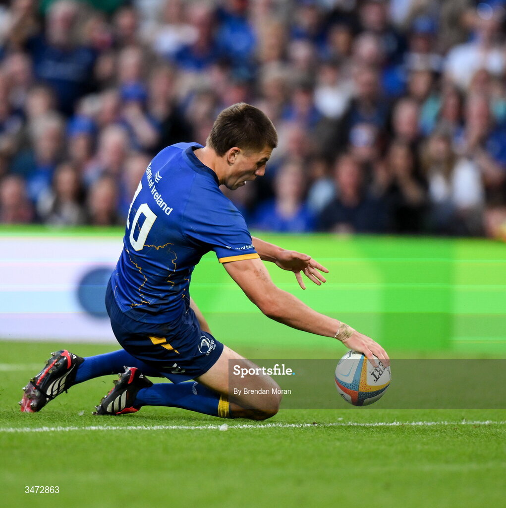 30 May 2026; Sam Prendergast of Leinster dives over to score his side's fifth try during the United Rugby Championship quarter-final match between Leinster and Lions at the Aviva Stadium in Dublin. Photo by Brendan Moran/Sportsfile