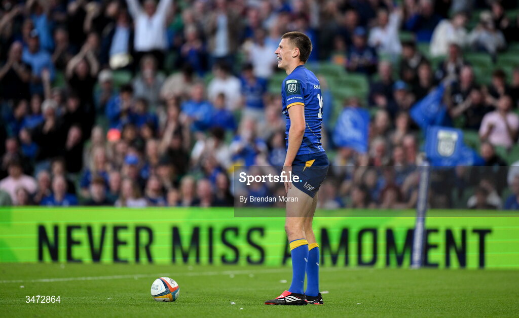 30 May 2026; Sam Prendergast of Leinster during the United Rugby Championship quarter-final match between Leinster and Lions at the Aviva Stadium in Dublin. Photo by Brendan Moran/Sportsfile
