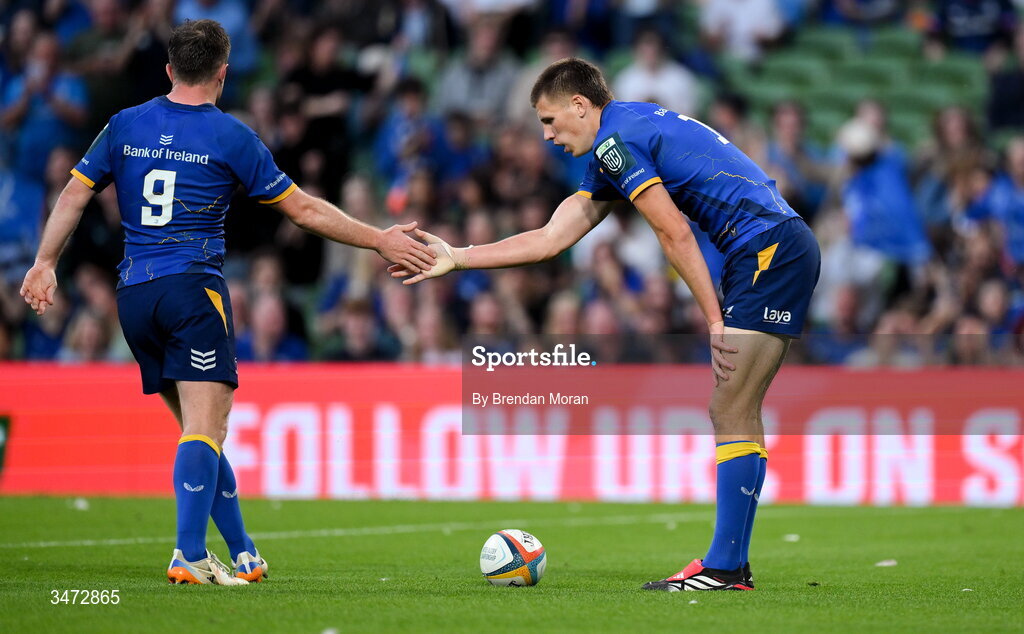 30 May 2026; Sam Prendergast of Leinster, right, celebrates with teammate Luke McGrath after scoring their side's fifth try during the United Rugby Championship quarter-final match between Leinster and Lions at the Aviva Stadium in Dublin. Photo by Brendan Moran/Sportsfile