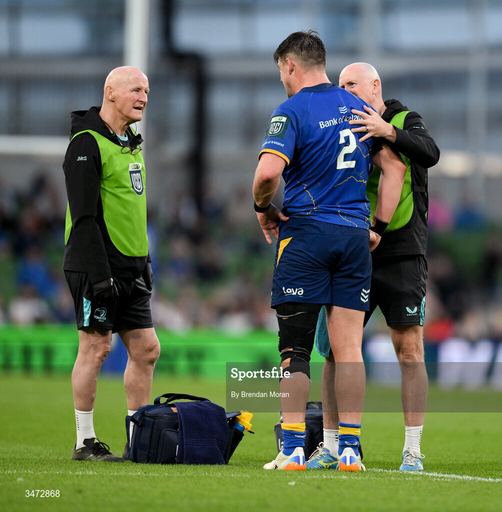 30 May 2026; Dan Sheehan of Leinster recieves medical attention from Leinster head physiotherapist Garreth Farrell during the United Rugby Championship quarter-final match between Leinster and Lions at the Aviva Stadium in Dublin. Photo by Brendan Moran/Sportsfile