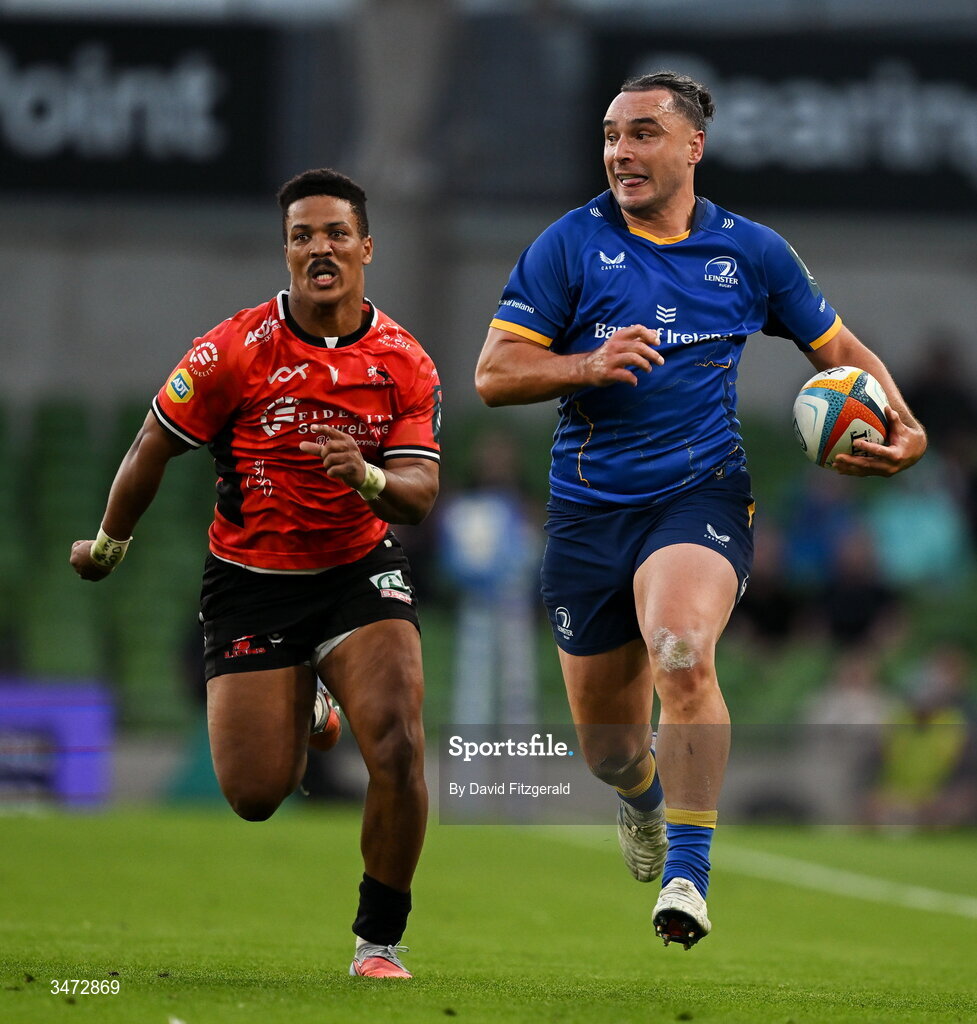 30 May 2026; James Lowe of Leinster in action against Angelo Davids of Lions during the United Rugby Championship quarter-final match between Leinster and Lions at the Aviva Stadium in Dublin. Photo by David Fitzgerald/Sportsfile