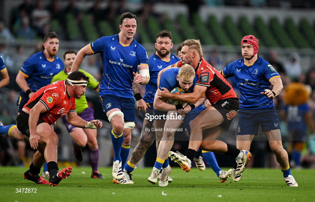 30 May 2026; Jamie Osborne of Leinster is tackled by Richard Kriel of Lions during the United Rugby Championship quarter-final match between Leinster and Lions at the Aviva Stadium in Dublin. Photo by David Fitzgerald/Sportsfile