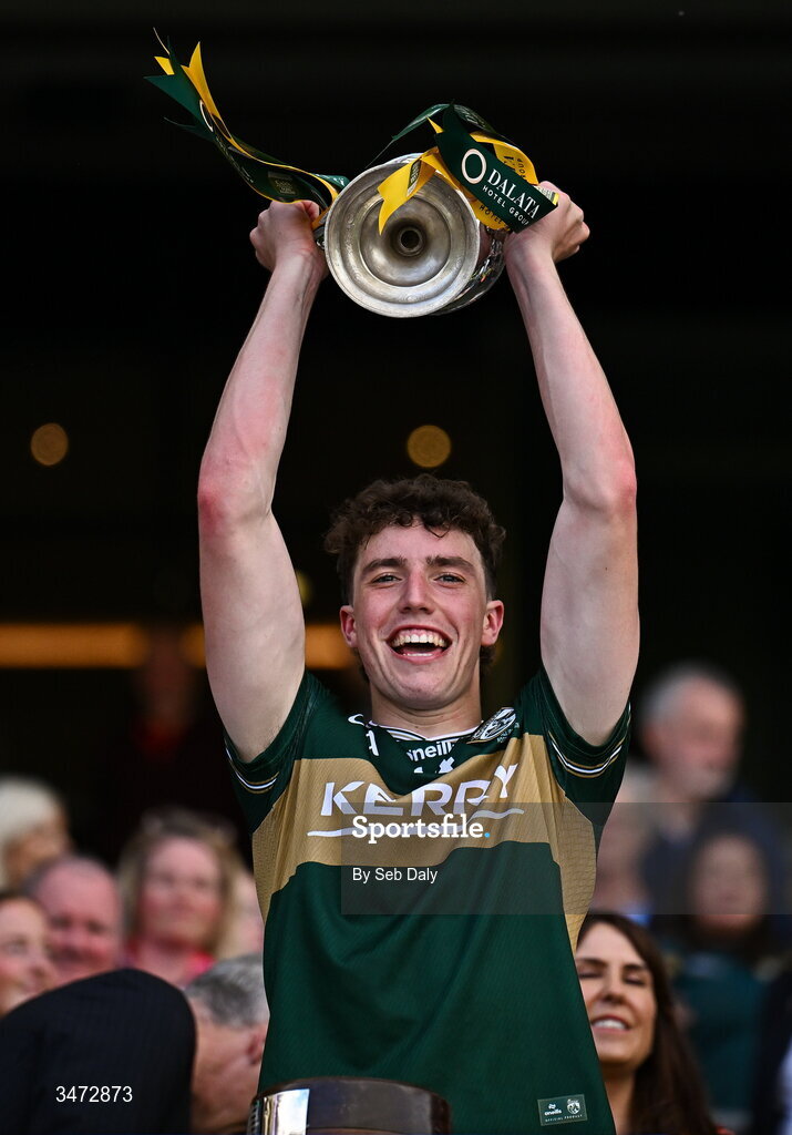 30 May 2026; Kerry's Tomás Kennedy lifts the Clarke Cup after his side's victory in the Dalata Hotels Group GAA Football All-Ireland U20 Championship final match between Kerry and Tyrone at Croke Park in Dublin. Photo by Seb Daly/Sportsfile