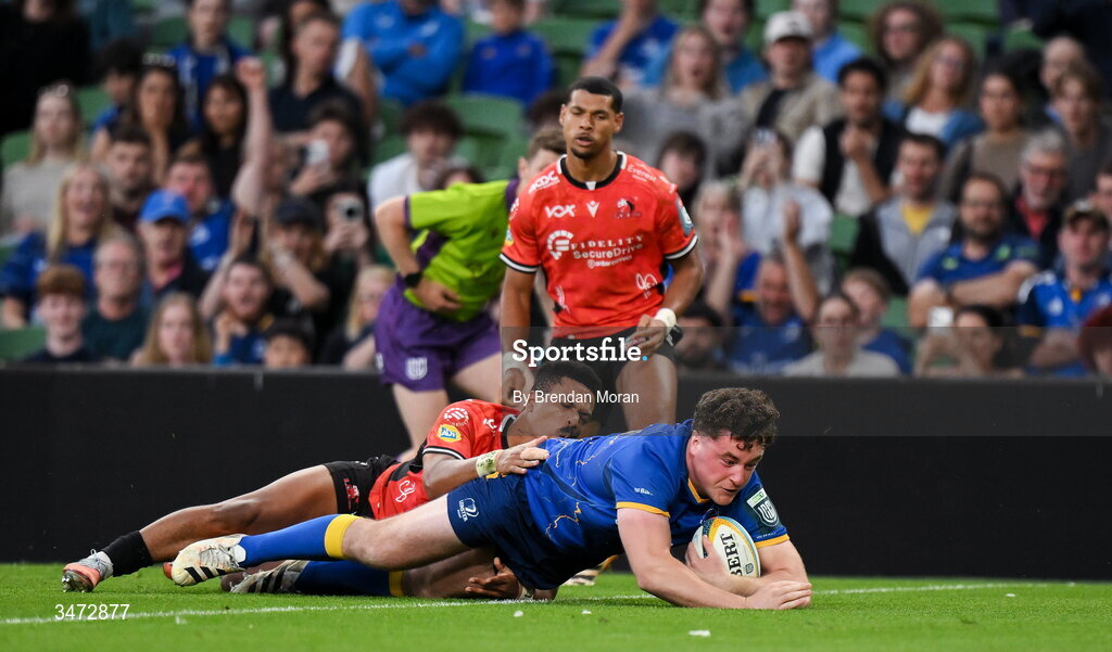 30 May 2026; Gus McCarthy of Leinster dives over to score his side's sixth try during the United Rugby Championship quarter-final match between Leinster and Lions at the Aviva Stadium in Dublin. Photo by Brendan Moran/Sportsfile