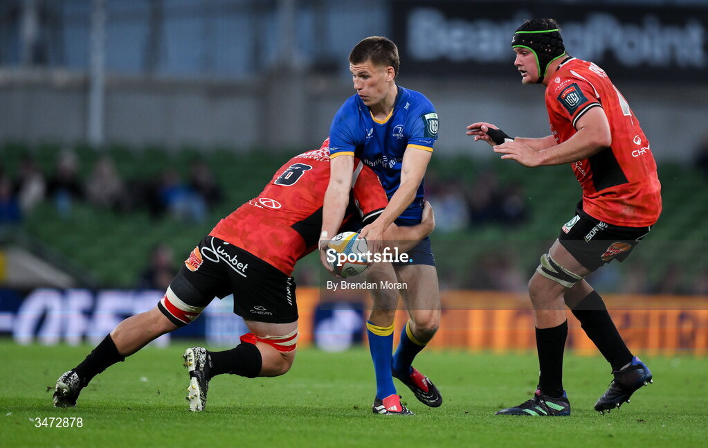 30 May 2026; Sam Prendergast of Leinster is tackled by Francke Horn of Lions during the United Rugby Championship quarter-final match between Leinster and Lions at the Aviva Stadium in Dublin. Photo by Brendan Moran/Sportsfile