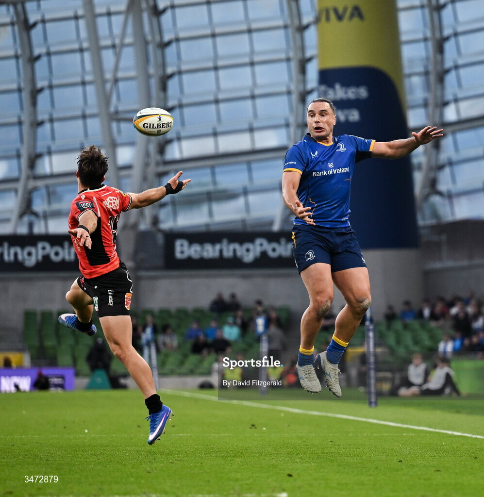 30 May 2026; James Lowe of Leinster in action against Quan Horn of Lions during the United Rugby Championship quarter-final match between Leinster and Lions at the Aviva Stadium in Dublin. Photo by David Fitzgerald/Sportsfile