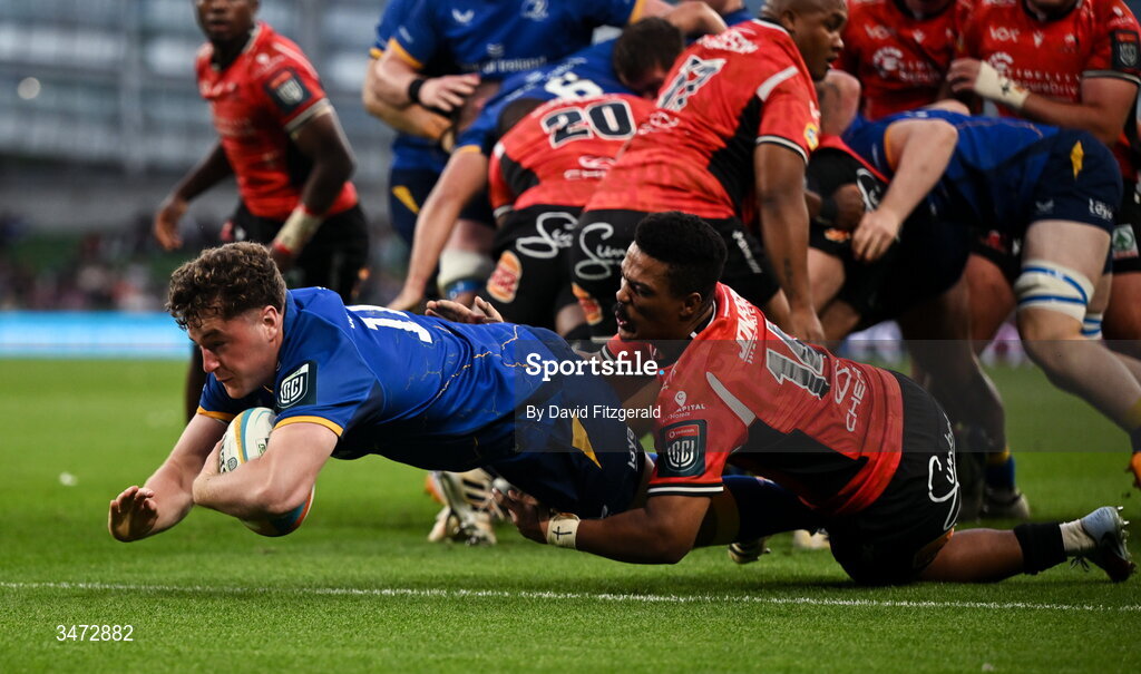 30 May 2026; Gus McCarthy of Leinster dives over to score his side's sixth try despite the efforts of Angelo Davids of Lions during the United Rugby Championship quarter-final match between Leinster and Lions at the Aviva Stadium in Dublin. Photo by David Fitzgerald/Sportsfile