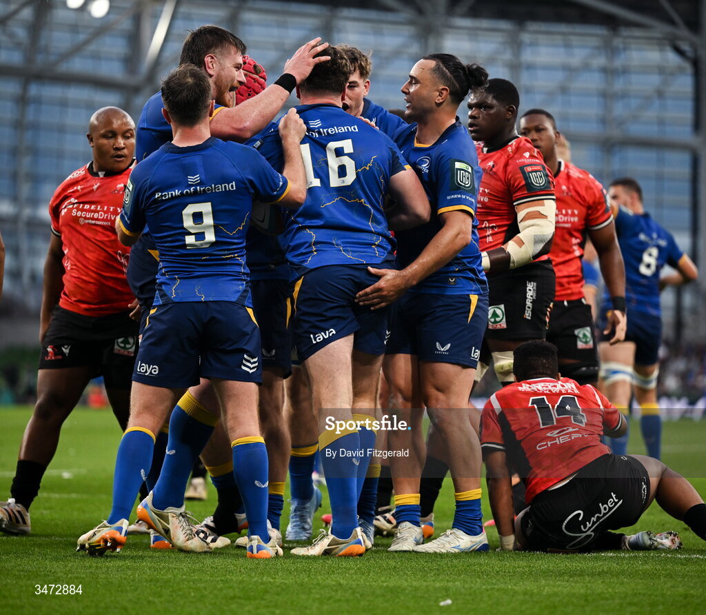 30 May 2026; Gus McCarthy of Leinster celebrates with teammates after scoring their side's sixth try during the United Rugby Championship quarter-final match between Leinster and Lions at the Aviva Stadium in Dublin. Photo by David Fitzgerald/Sportsfile