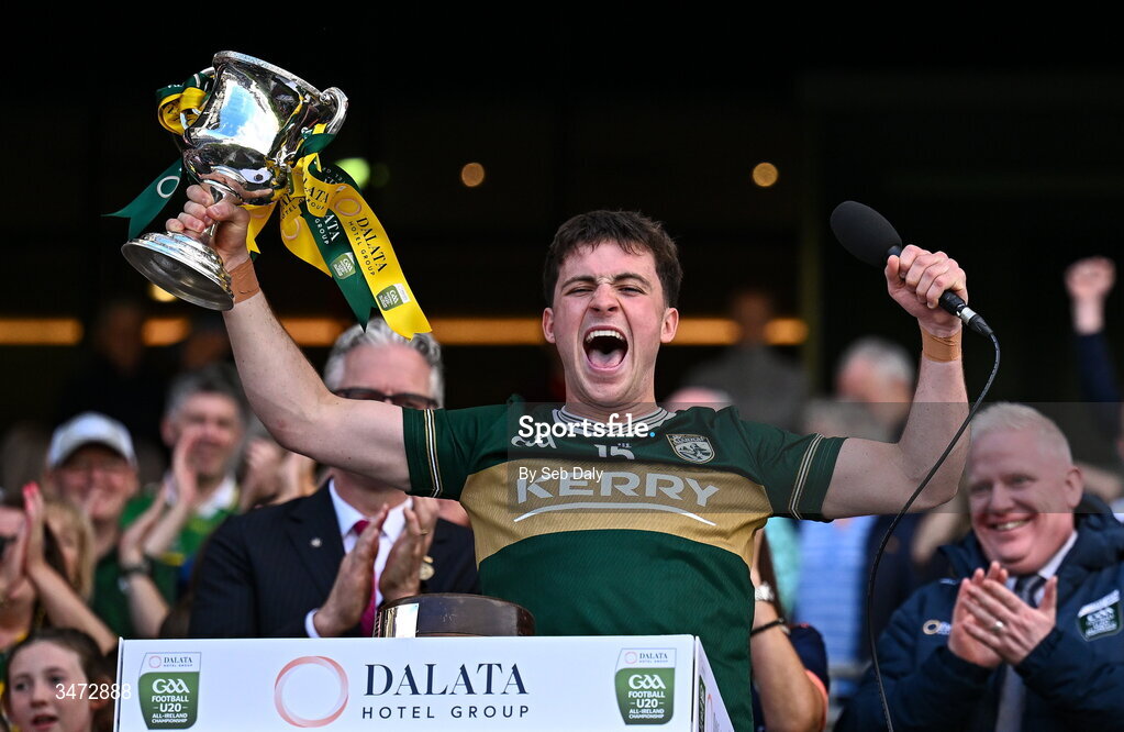 30 May 2026; Kerry captain Paddy Lane lifts the Clarke Cup after his side's victory in the Dalata Hotels Group GAA Football All-Ireland U20 Championship final match between Kerry and Tyrone at Croke Park in Dublin. Photo by Seb Daly/Sportsfile