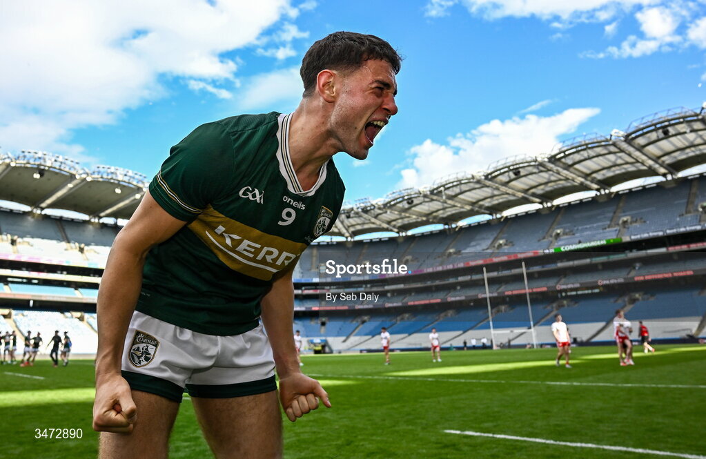30 May 2026; Evan Boyle of Kerry celebrates after his side's victory in the Dalata Hotels Group GAA Football All-Ireland U20 Championship final match between Kerry and Tyrone at Croke Park in Dublin. Photo by Seb Daly/Sportsfile