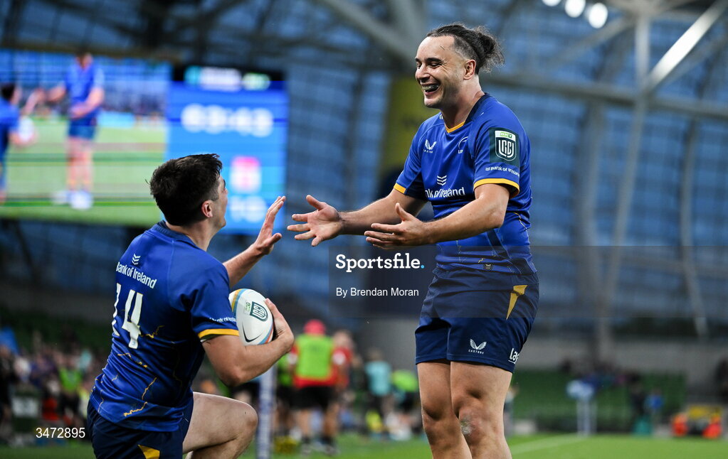 30 May 2026; Jimmy O'Brien of Leinster, left, celebrates with teammate James Lowe after scoring their side's seventh try during the United Rugby Championship quarter-final match between Leinster and Lions at the Aviva Stadium in Dublin. Photo by Brendan Moran/Sportsfile
