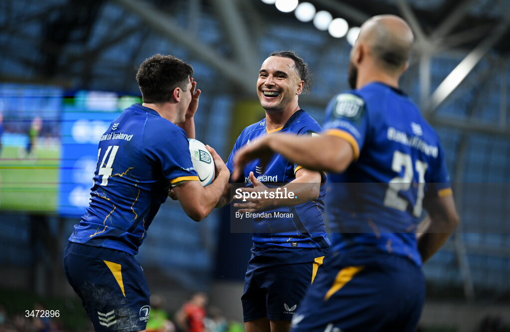 30 May 2026; Jimmy O'Brien of Leinster, left, celebrates with teammate James Lowe after scoring their side's seventh try during the United Rugby Championship quarter-final match between Leinster and Lions at the Aviva Stadium in Dublin. Photo by Brendan Moran/Sportsfile