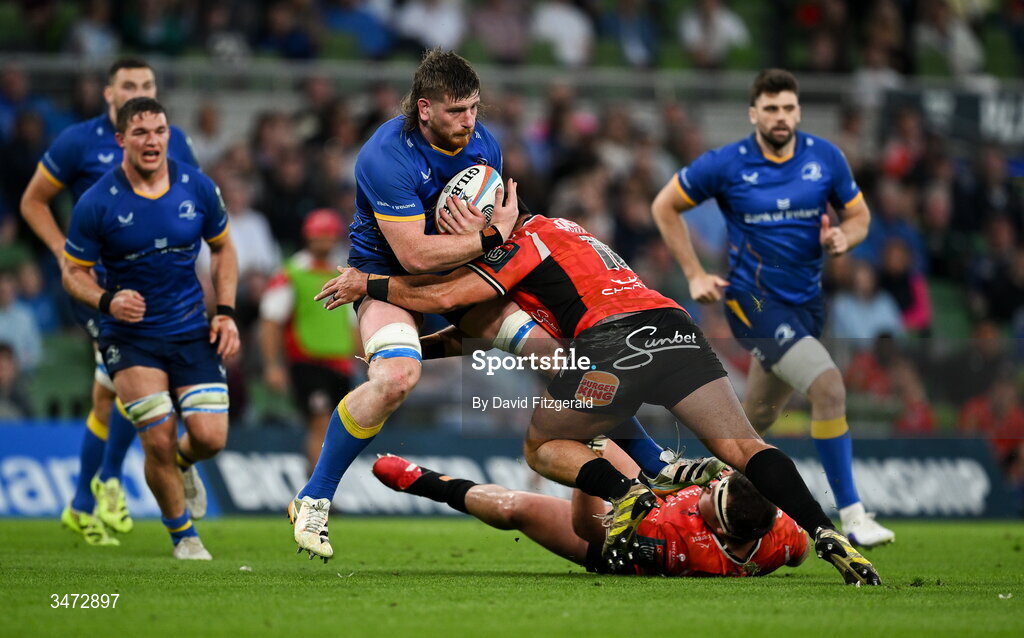 30 May 2026; Joe McCarthy of Leinster is tackled by Franco Marais of Lions during the United Rugby Championship quarter-final match between Leinster and Lions at the Aviva Stadium in Dublin. Photo by David Fitzgerald/Sportsfile