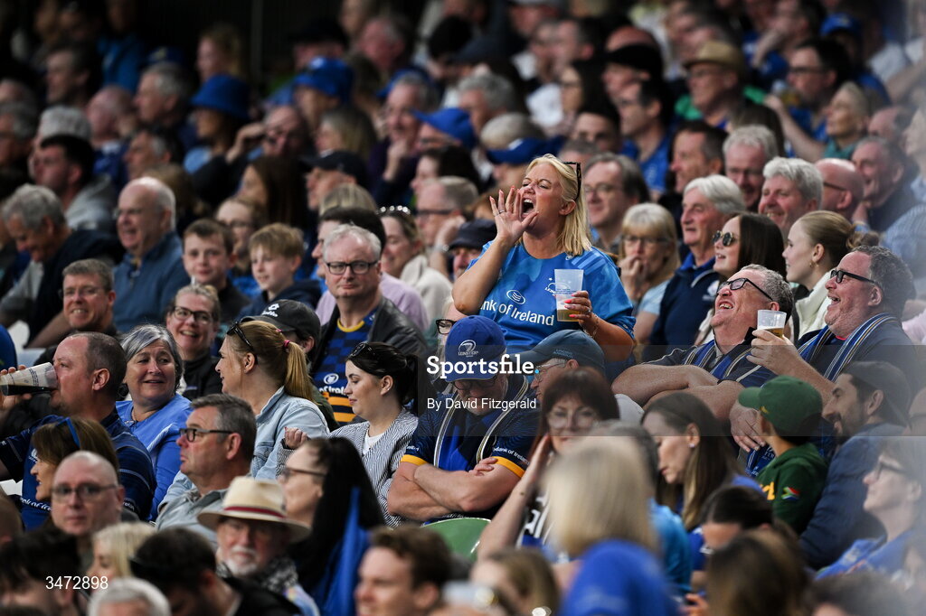 30 May 2026; Leinster supporters during the United Rugby Championship quarter-final match between Leinster and Lions at the Aviva Stadium in Dublin. Photo by David Fitzgerald/Sportsfile