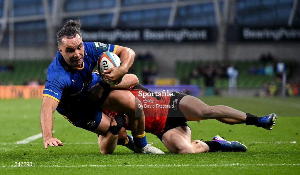 30 May 2026; James Lowe of Leinster dives over to score his side's eighth try and to become the new Leinster record try scorer during the United Rugby Championship quarter-final match between Leinster and Lions at the Aviva Stadium in Dublin. Photo by David Fitzgerald/Sportsfile