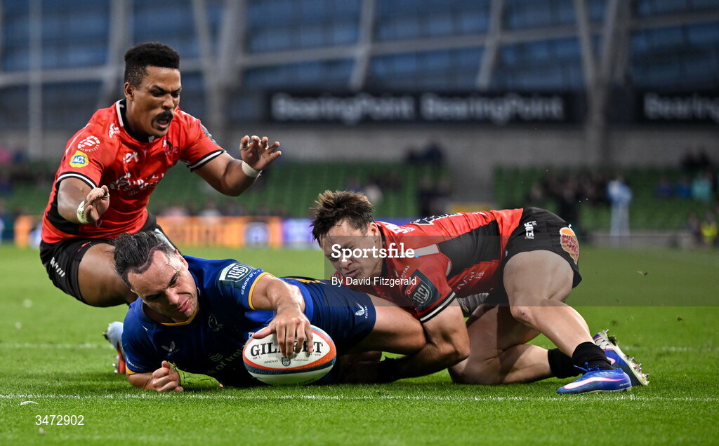 30 May 2026; James Lowe of Leinster dives over to score his side's eighth try and to become the new Leinster record try scorer during the United Rugby Championship quarter-final match between Leinster and Lions at the Aviva Stadium in Dublin. Photo by David Fitzgerald/Sportsfile