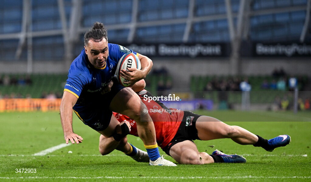 30 May 2026; James Lowe of Leinster dives over to score his side's eighth try and to become the new Leinster record try scorer during the United Rugby Championship quarter-final match between Leinster and Lions at the Aviva Stadium in Dublin. Photo by David Fitzgerald/Sportsfile
