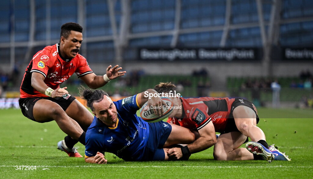 30 May 2026; James Lowe of Leinster dives over to score his side's eighth try and to become the new Leinster record try scorer during the United Rugby Championship quarter-final match between Leinster and Lions at the Aviva Stadium in Dublin. Photo by David Fitzgerald/Sportsfile