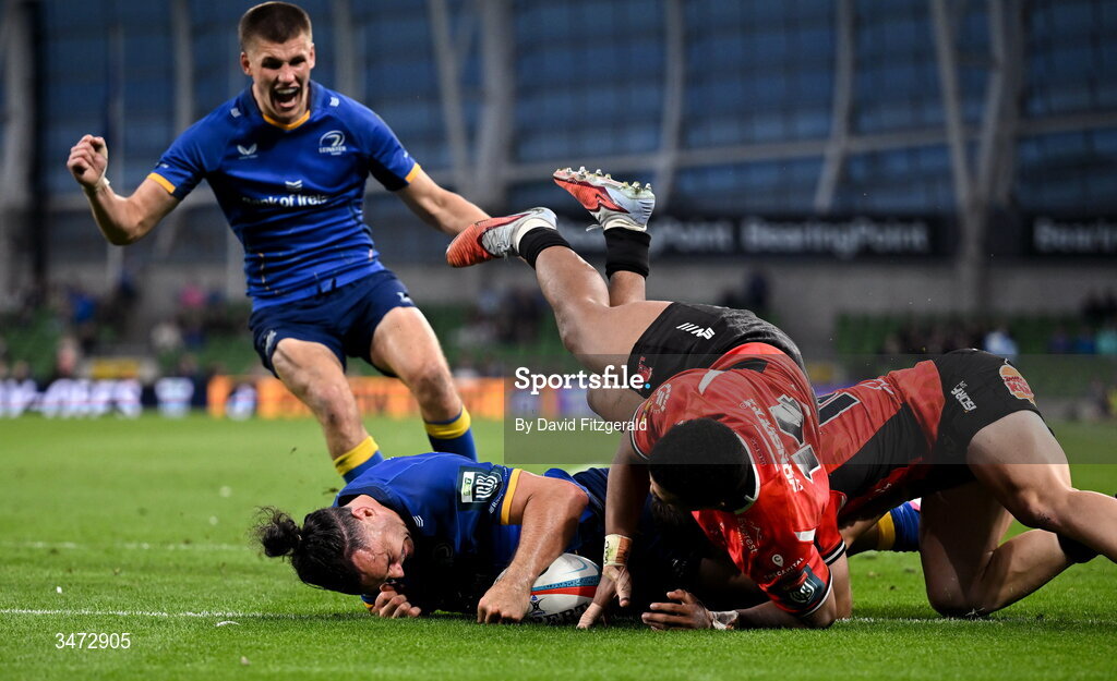 30 May 2026; James Lowe of Leinster dives over to score his side's eighth try and to become the new Leinster record try scorer during the United Rugby Championship quarter-final match between Leinster and Lions at the Aviva Stadium in Dublin. Photo by David Fitzgerald/Sportsfile
