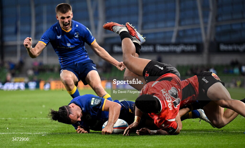 30 May 2026; James Lowe of Leinster dives over to score his side's eighth try and to become the new Leinster record try scorer during the United Rugby Championship quarter-final match between Leinster and Lions at the Aviva Stadium in Dublin. Photo by David Fitzgerald/Sportsfile