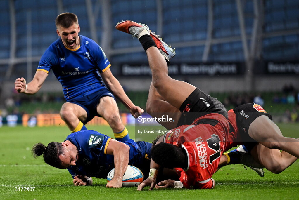 30 May 2026; James Lowe of Leinster dives over to score his side's eighth try and to become the new Leinster record try scorer during the United Rugby Championship quarter-final match between Leinster and Lions at the Aviva Stadium in Dublin. Photo by David Fitzgerald/Sportsfile
