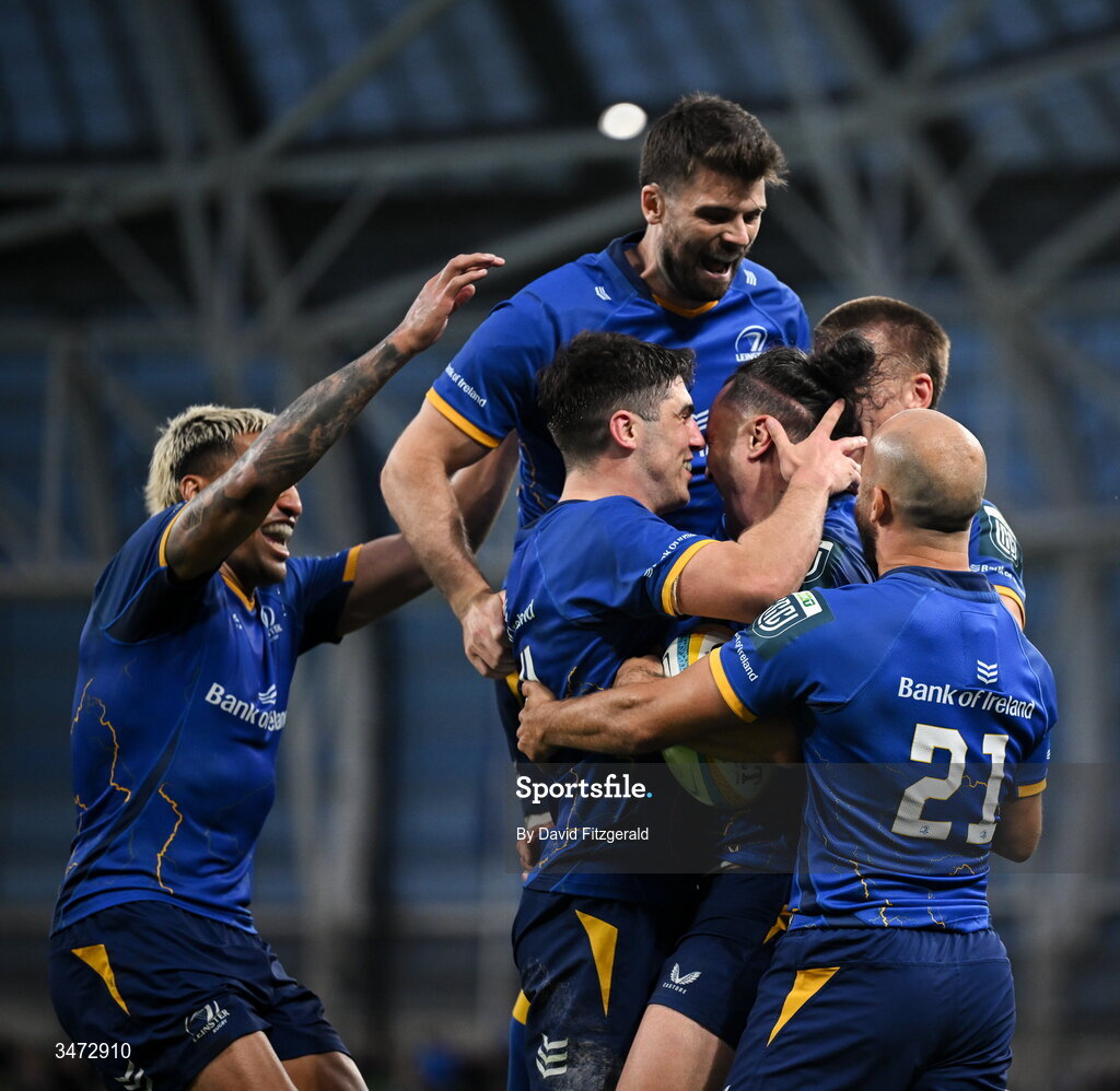 30 May 2026; James Lowe of Leinster, centre, celebrates with teammates after scoring their side's eighth try and becoming the new Leinster record try scorer during the United Rugby Championship quarter-final match between Leinster and Lions at the Aviva Stadium in Dublin. Photo by David Fitzgerald/Sportsfile