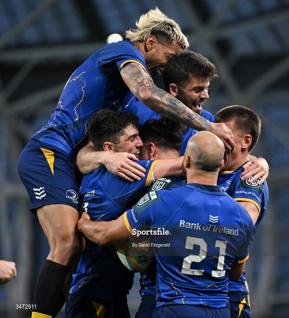 30 May 2026; James Lowe of Leinster, centre, celebrates with teammates after scoring their side's eighth try and becoming the new Leinster record try scorer during the United Rugby Championship quarter-final match between Leinster and Lions at the Aviva Stadium in Dublin. Photo by David Fitzgerald/Sportsfile