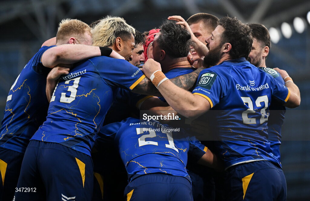 30 May 2026; James Lowe of Leinster, centre, celebrates with teammates after scoring their side's eighth try and becoming the new Leinster record try scorer during the United Rugby Championship quarter-final match between Leinster and Lions at the Aviva Stadium in Dublin. Photo by David Fitzgerald/Sportsfile