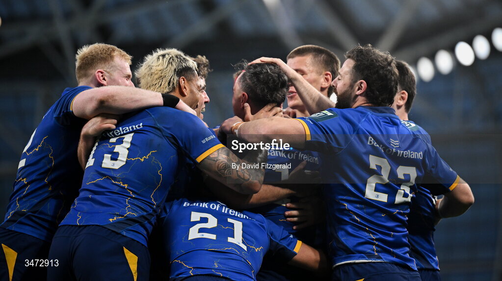 30 May 2026; James Lowe of Leinster, centre, celebrates with teammates after scoring their side's eighth try and becoming the new Leinster record try scorer during the United Rugby Championship quarter-final match between Leinster and Lions at the Aviva Stadium in Dublin. Photo by David Fitzgerald/Sportsfile