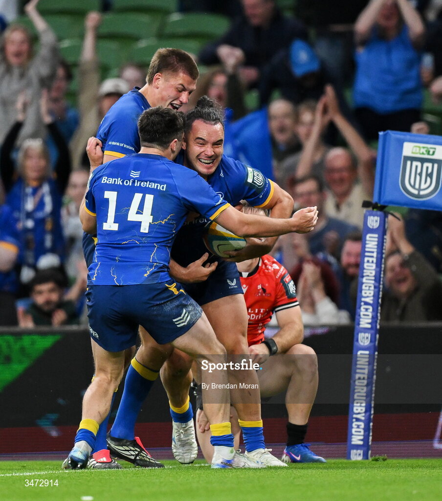 30 May 2026; James Lowe of Leinster, right, celebrates with teammates Jimmy O'Brien, 14, and Sam Prendergast after scoring their side's eighth try to become the new Leinster record try scorer during the United Rugby Championship quarter-final match between Leinster and Lions at the Aviva Stadium in Dublin. Photo by Brendan Moran/Sportsfile