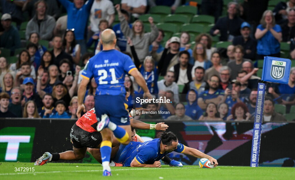 30 May 2026; James Lowe of Leinster dives over to score his side's eighth try to become the new Leinster record try scorer during the United Rugby Championship quarter-final match between Leinster and Lions at the Aviva Stadium in Dublin. Photo by Brendan Moran/Sportsfile