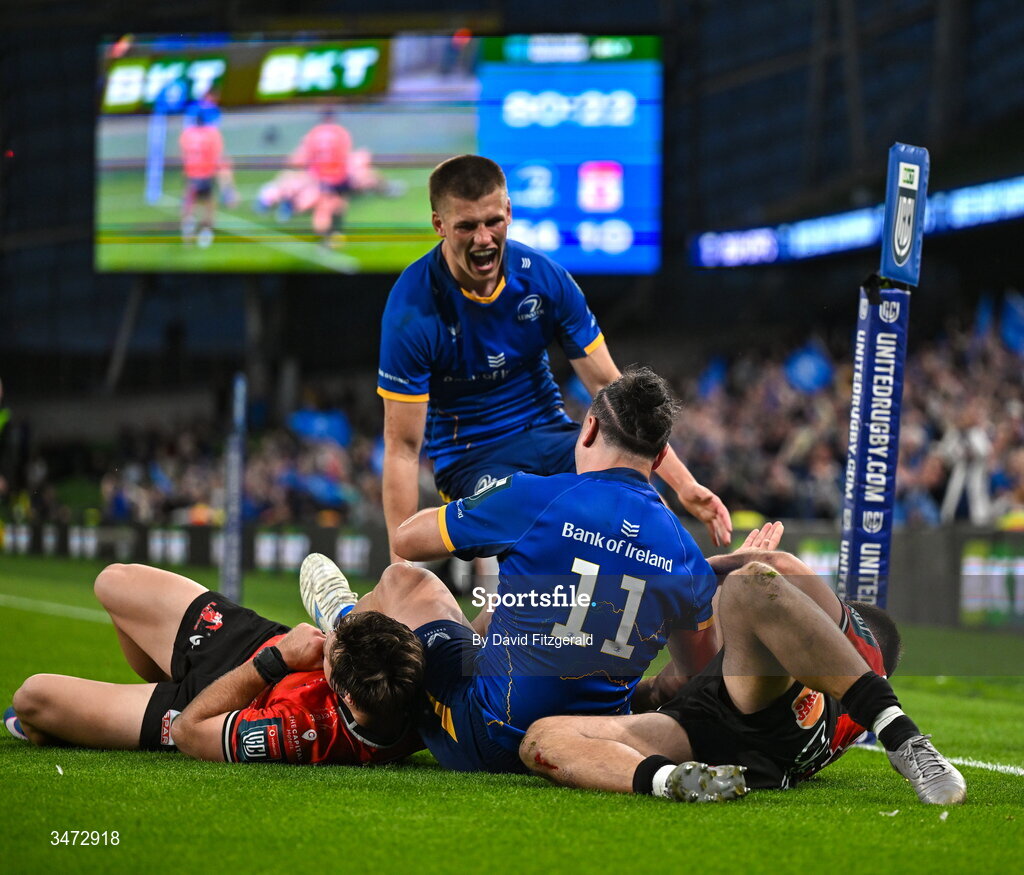 30 May 2026; James Lowe of Leinster, 11, celebrates with teammate Sam Prendergast after scoring their side's ninth try during the United Rugby Championship quarter-final match between Leinster and Lions at the Aviva Stadium in Dublin. Photo by David Fitzgerald/Sportsfile