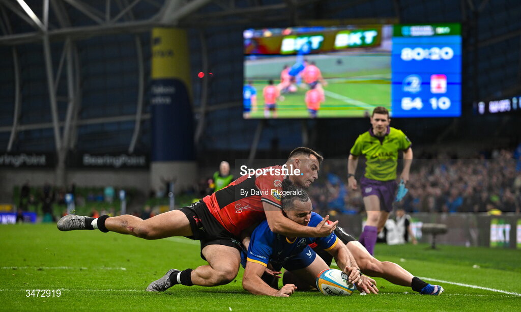 30 May 2026; James Lowe of Leinster dives over to score his side's ninth try during the United Rugby Championship quarter-final match between Leinster and Lions at the Aviva Stadium in Dublin. Photo by David Fitzgerald/Sportsfile