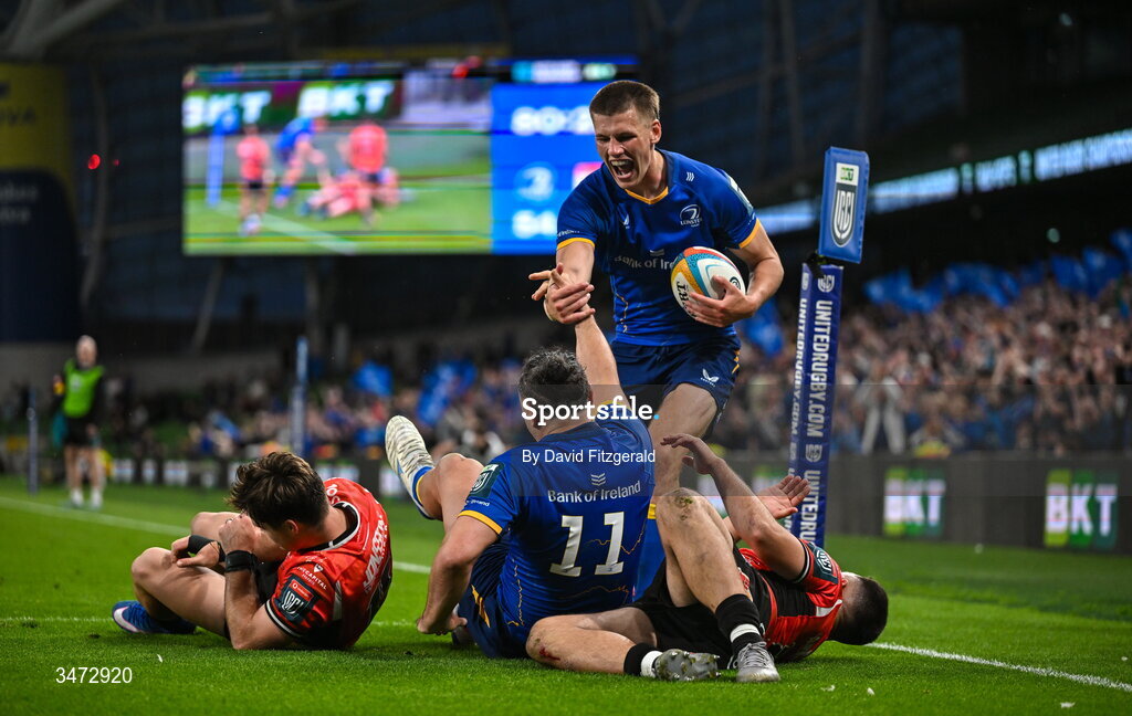 30 May 2026; James Lowe of Leinster, 11, celebrates with teammate Sam Prendergast after scoring their side's ninth try during the United Rugby Championship quarter-final match between Leinster and Lions at the Aviva Stadium in Dublin. Photo by David Fitzgerald/Sportsfile