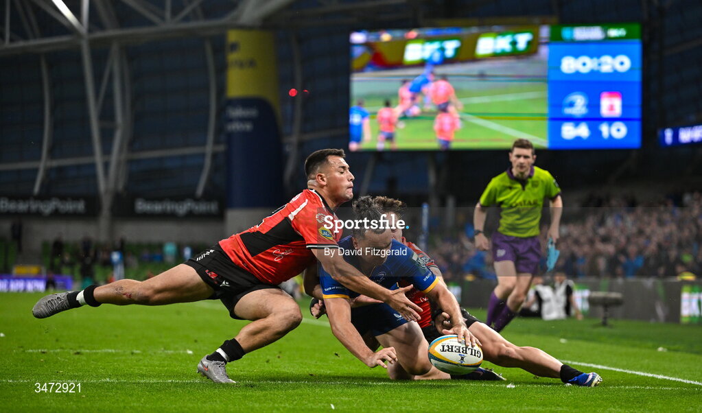 30 May 2026; James Lowe of Leinster dives over to score his side's ninth try during the United Rugby Championship quarter-final match between Leinster and Lions at the Aviva Stadium in Dublin. Photo by David Fitzgerald/Sportsfile