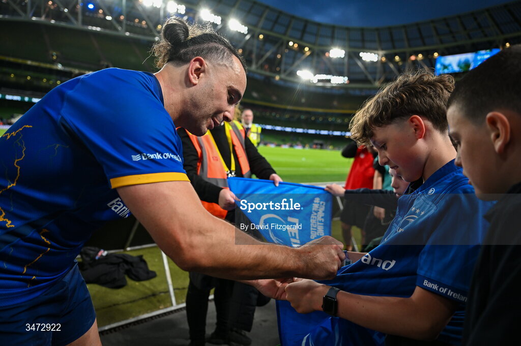 30 May 2026; James Lowe of Leinster with supporters after the United Rugby Championship quarter-final match between Leinster and Lions at the Aviva Stadium in Dublin. Photo by David Fitzgerald/Sportsfile
