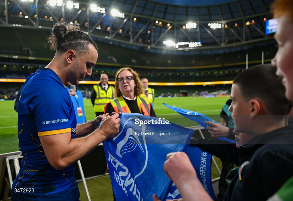 30 May 2026; James Lowe of Leinster with supporters after the United Rugby Championship quarter-final match between Leinster and Lions at the Aviva Stadium in Dublin. Photo by David Fitzgerald/Sportsfile
