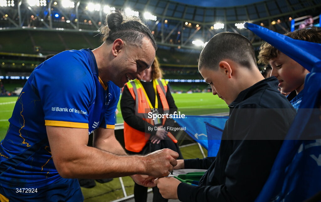 30 May 2026; James Lowe of Leinster with supporters after the United Rugby Championship quarter-final match between Leinster and Lions at the Aviva Stadium in Dublin. Photo by David Fitzgerald/Sportsfile