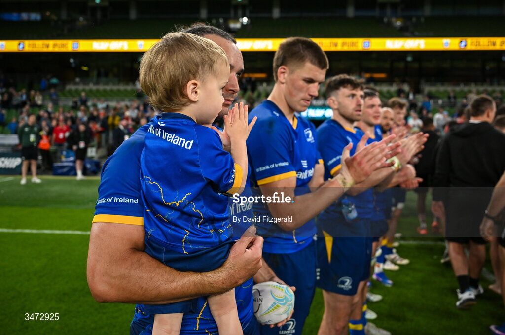 30 May 2026; James Lowe of Leinster with his son Nico after the United Rugby Championship quarter-final match between Leinster and Lions at the Aviva Stadium in Dublin. Photo by David Fitzgerald/Sportsfile